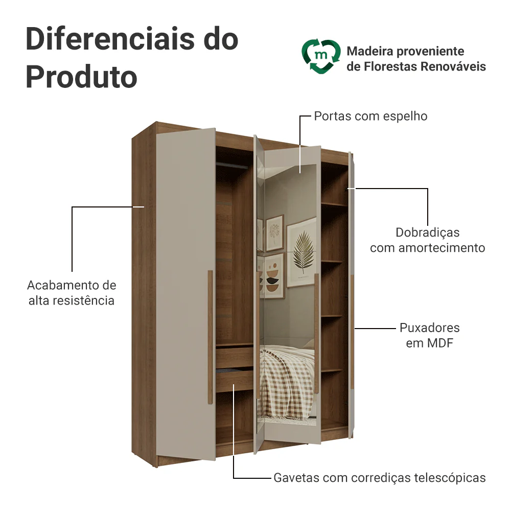 Guarda-Roupa Solteiro 4 Portas Batentes com Espelho Rustic/Crema/Rustic Venus Madesa - Image 4