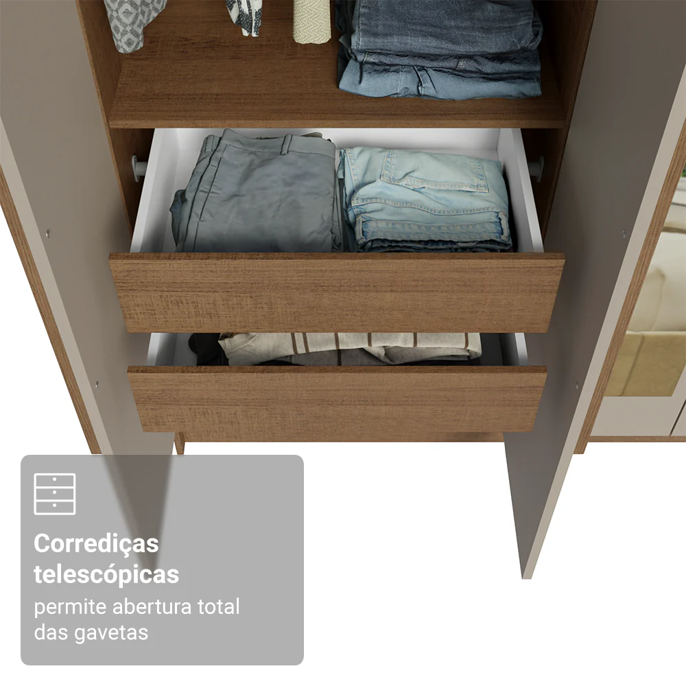 Guarda-Roupa Solteiro 4 Portas Batentes com Espelho Rustic/Crema/Rustic Venus Madesa - Image 7