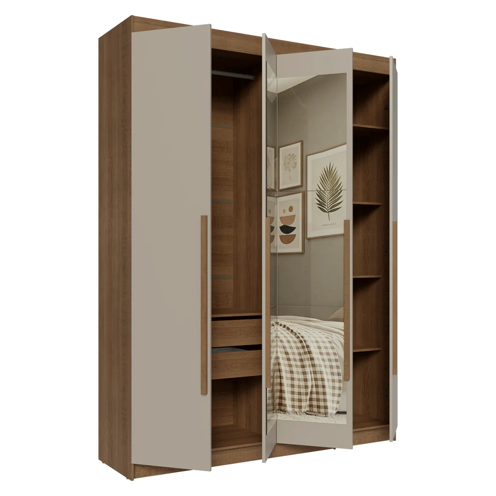 Guarda-Roupa Solteiro 4 Portas Batentes com Espelho Rustic/Crema/Rustic Venus Madesa - Image 9