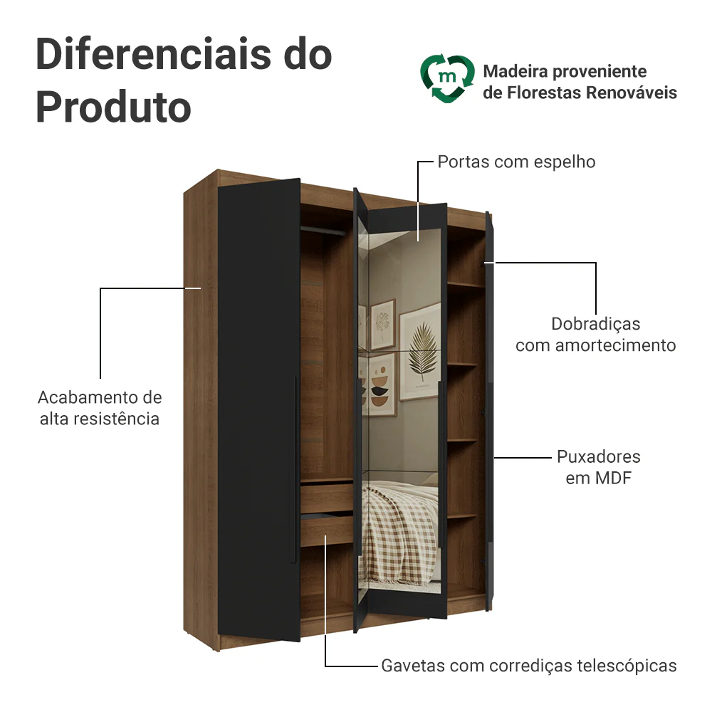 Guarda-Roupa Solteiro 4 Portas Batentes com Espelho Rustic/Preto/Preto Venus Madesa - Image 4
