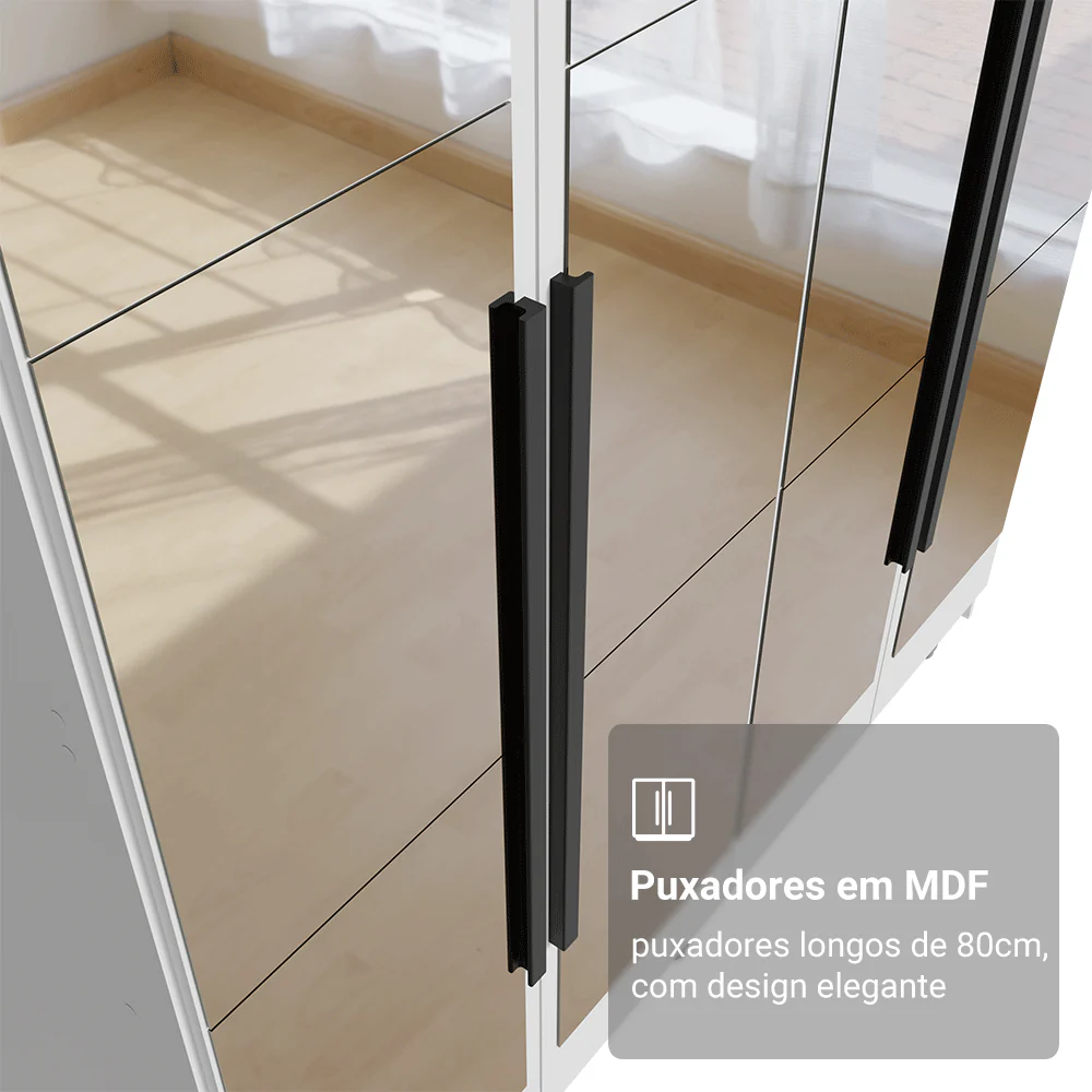 Guarda-Roupa Solteiro 4 Portas Batentes com Espelhos Branco/Branco/Preto Venus Madesa - Image 6