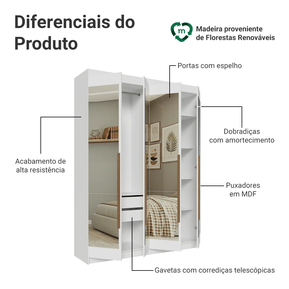 Guarda-Roupa Solteiro 4 Portas Batentes com Espelhos Branco/Branco/Rustic Venus Madesa - Image 4