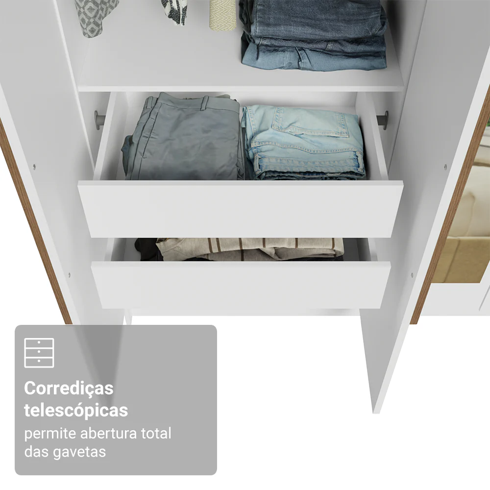 Guarda-Roupa Solteiro 4 Portas Batentes com Espelhos Branco/Branco/Rustic Venus Madesa - Image 7