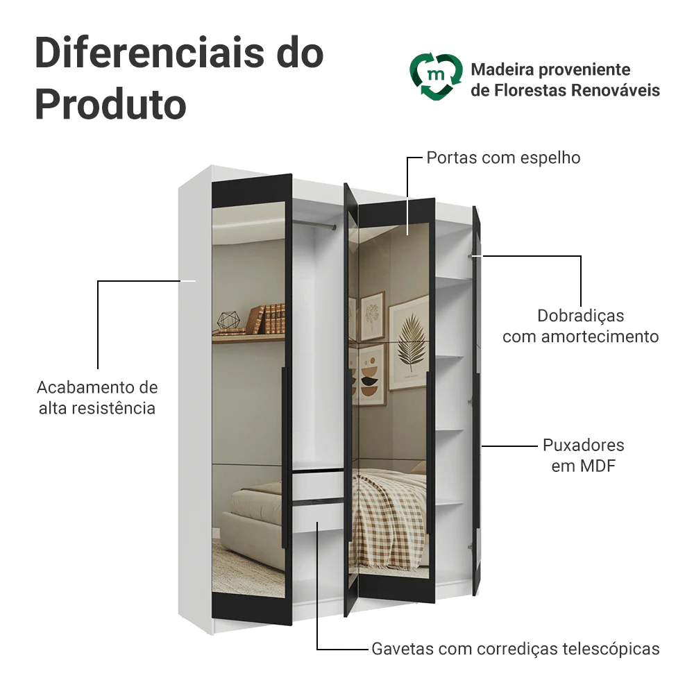 Guarda-Roupa Solteiro 4 Portas Batentes com Espelhos Branco/Preto/Preto Venus Madesa - Image 4