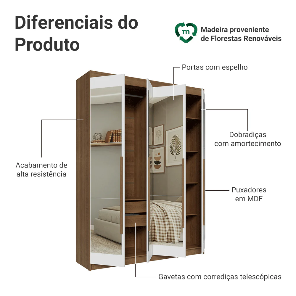 Guarda-Roupa Solteiro 4 Portas Batentes com Espelhos Rustic/Branco/Rustic Venus Madesa - Image 4