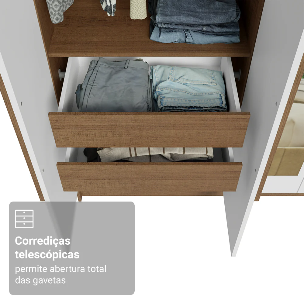 Guarda-Roupa Solteiro 4 Portas Batentes com Espelhos Rustic/Branco/Rustic Venus Madesa - Image 7