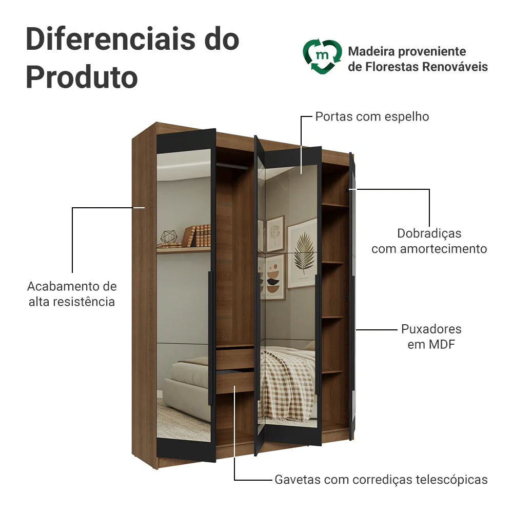 Guarda-Roupa Solteiro 4 Portas Batentes com Espelhos Rustic/Preto/Preto Venus Madesa - Image 4