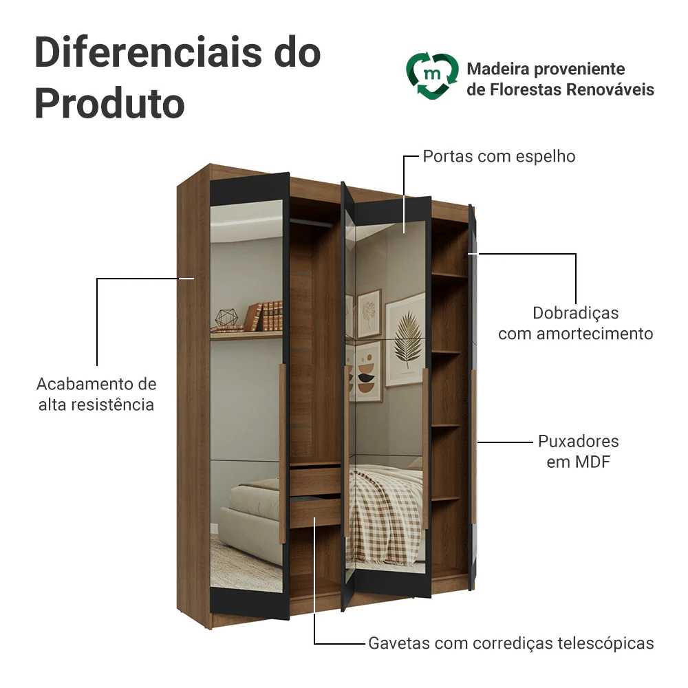 Guarda-Roupa Solteiro 4 Portas Batentes com Espelhos Rustic/Preto/Rustic Venus Madesa - Image 4