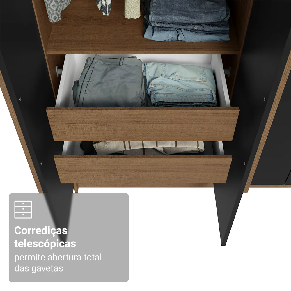 Guarda-Roupa Solteiro 4 Portas Batentes com Espelhos Rustic/Preto/Rustic Venus Madesa - Image 7