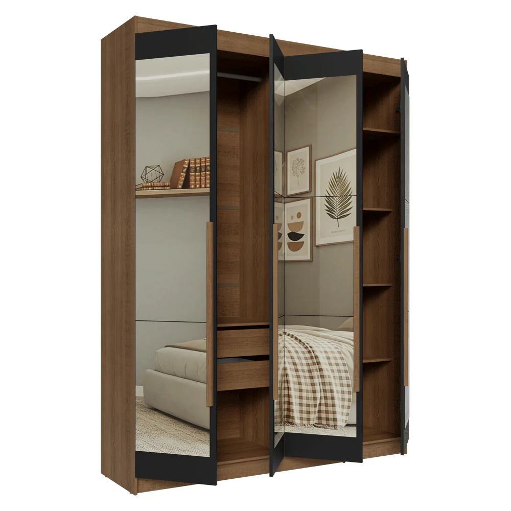 Guarda-Roupa Solteiro 4 Portas Batentes com Espelhos Rustic/Preto/Rustic Venus Madesa - Image 9
