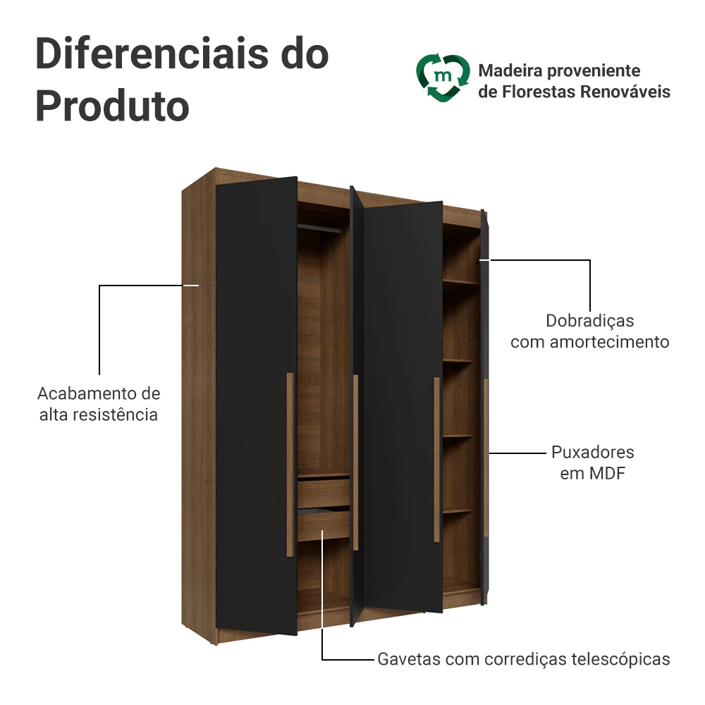 Guarda-Roupa Solteiro 4 Portas Batentes Rustic/Preto/Rustic Venus Madesa - Image 4