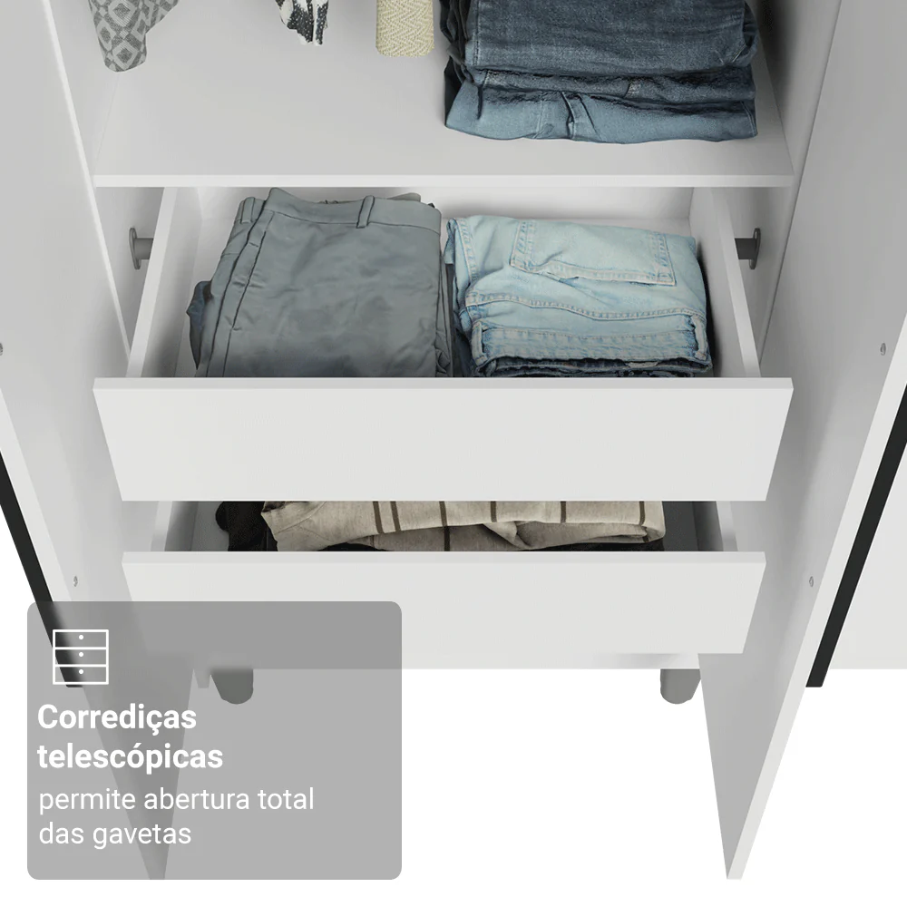 Guarda-Roupa Solteiro com Pés 4 Portas Batentes Branco/Branco/Preto Venus Madesa - Image 7