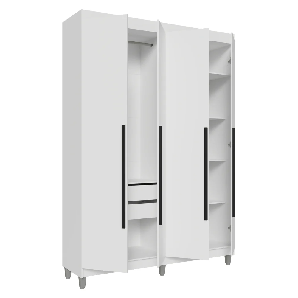 Guarda-Roupa Solteiro com Pés 4 Portas Batentes Branco/Branco/Preto Venus Madesa - Image 9