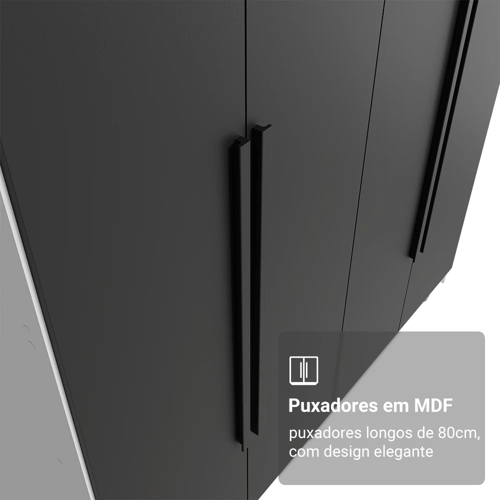 Guarda-Roupa Solteiro com Pés 4 Portas Batentes Branco/Preto/Preto Venus Madesa - Image 6