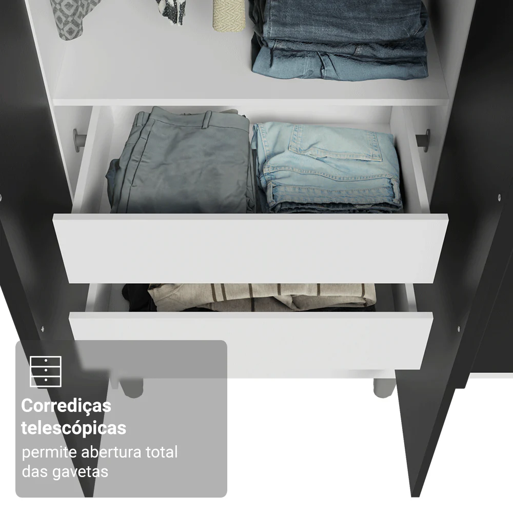 Guarda-Roupa Solteiro com Pés 4 Portas Batentes Branco/Preto/Preto Venus Madesa - Image 7