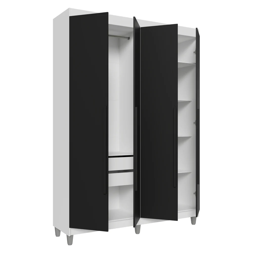 Guarda-Roupa Solteiro com Pés 4 Portas Batentes Branco/Preto/Preto Venus Madesa - Image 9