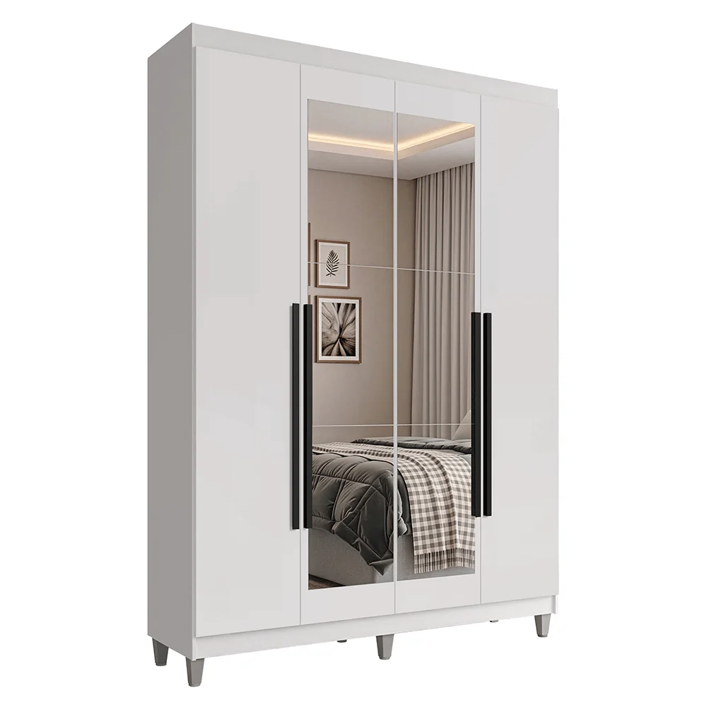 Guarda-Roupa Solteiro com Pés 4 Portas Batentes com Espelho Branco/Branco/Preto Venus Madesa - Image 2