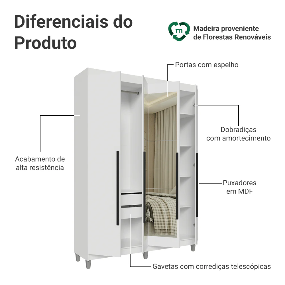 Guarda-Roupa Solteiro com Pés 4 Portas Batentes com Espelho Branco/Branco/Preto Venus Madesa - Image 4