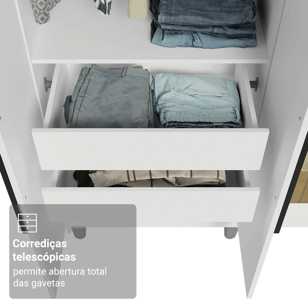 Guarda-Roupa Solteiro com Pés 4 Portas Batentes com Espelho Branco/Branco/Preto Venus Madesa - Image 7