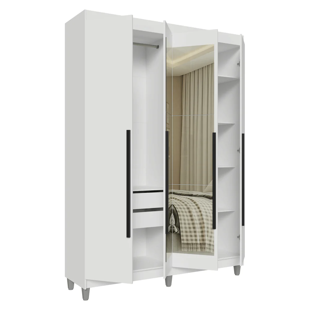 Guarda-Roupa Solteiro com Pés 4 Portas Batentes com Espelho Branco/Branco/Preto Venus Madesa - Image 9