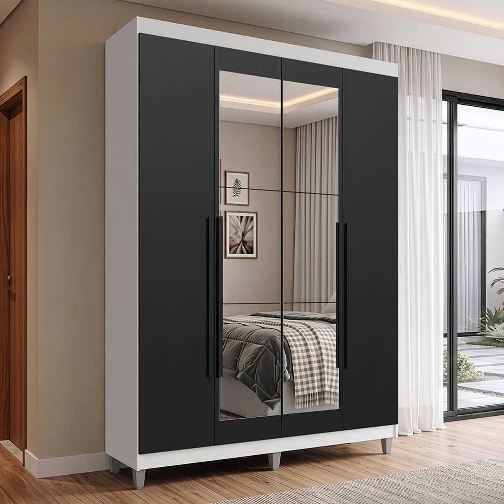 Guarda-Roupa Solteiro com Pés 4 Portas Batentes com Espelho Branco/Preto/Preto Venus Madesa