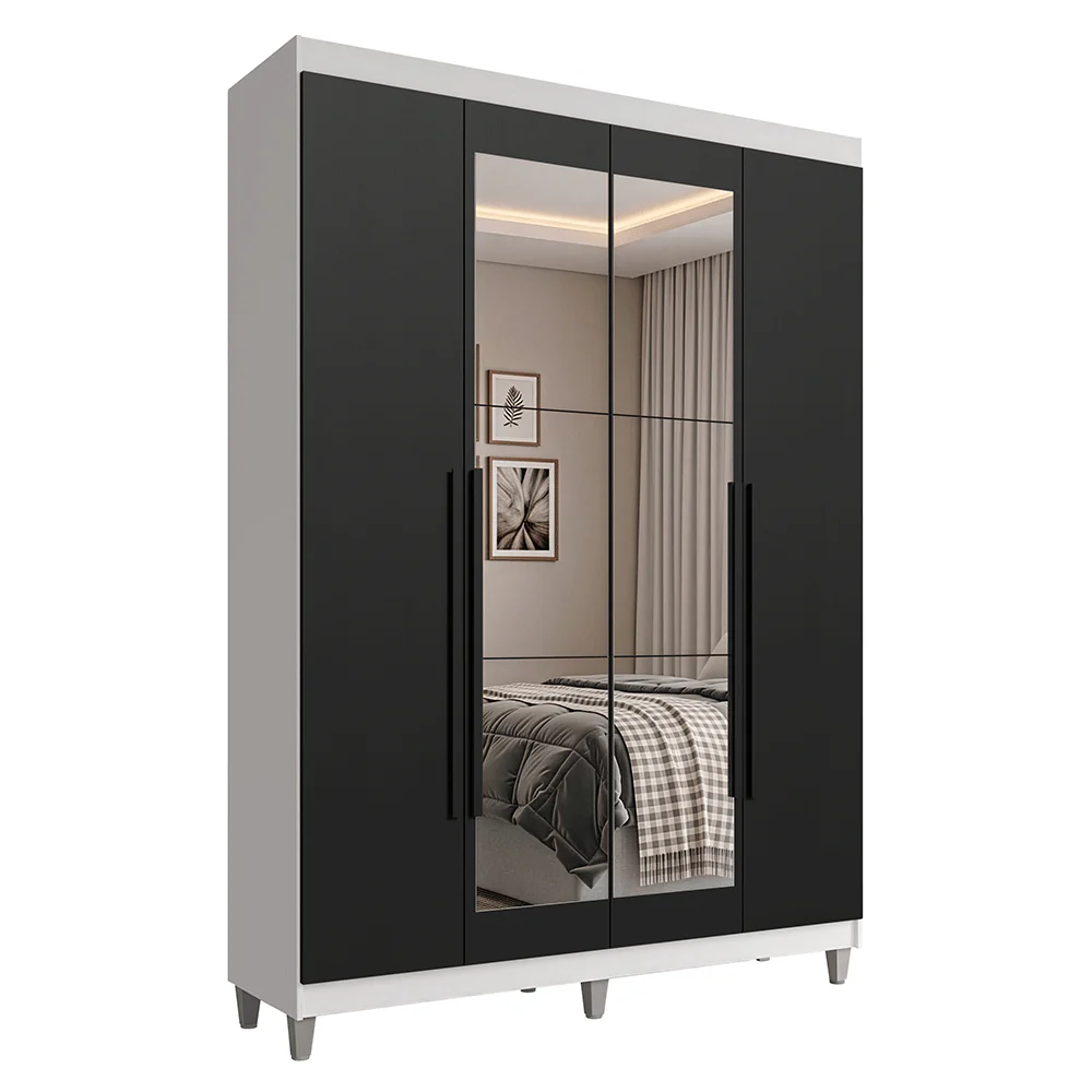 Guarda-Roupa Solteiro com Pés 4 Portas Batentes com Espelho Branco/Preto/Preto Venus Madesa - Image 2
