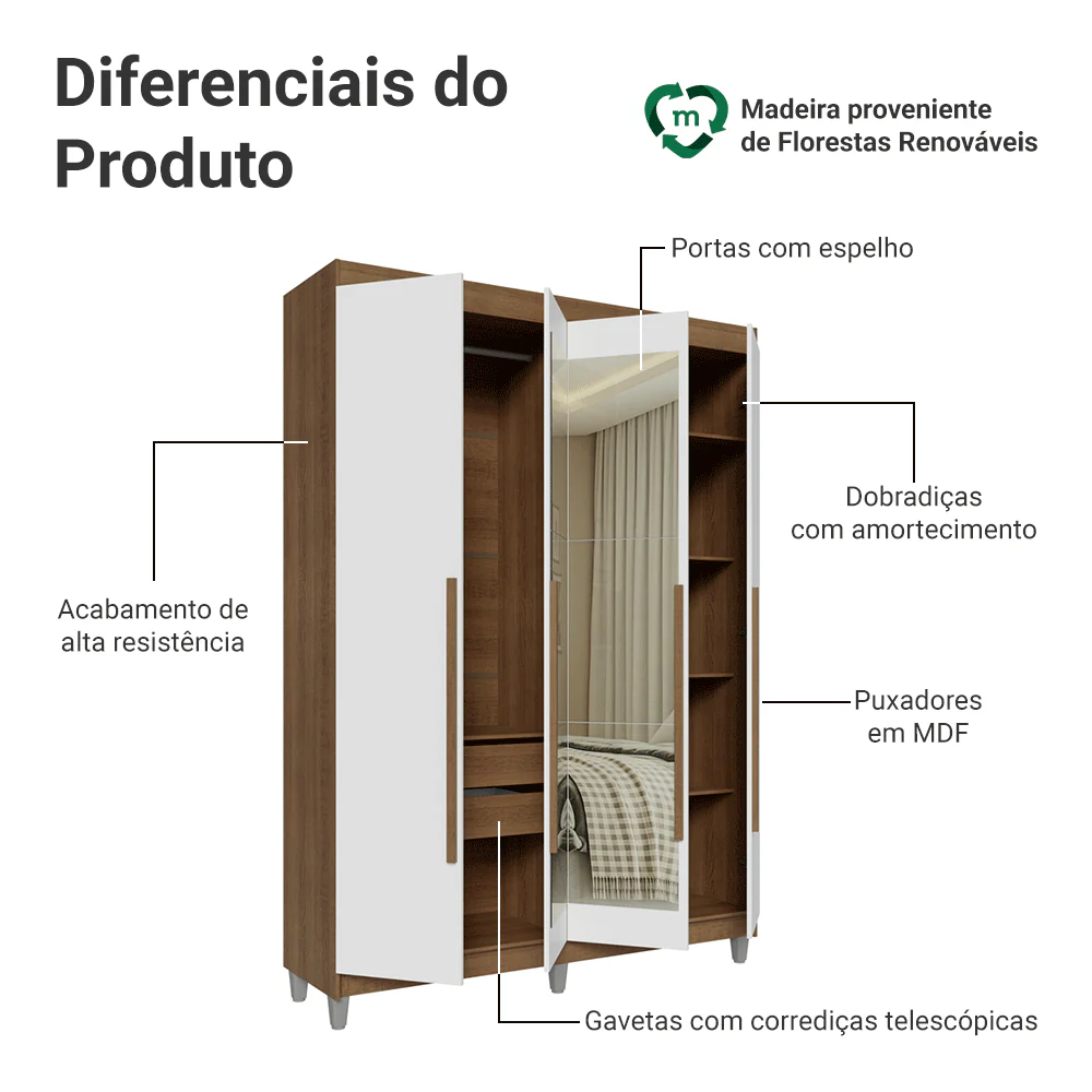 Guarda-Roupa Solteiro com Pés 4 Portas Batentes com Espelho Rustic/Branco/Rustic Venus Madesa - Image 4