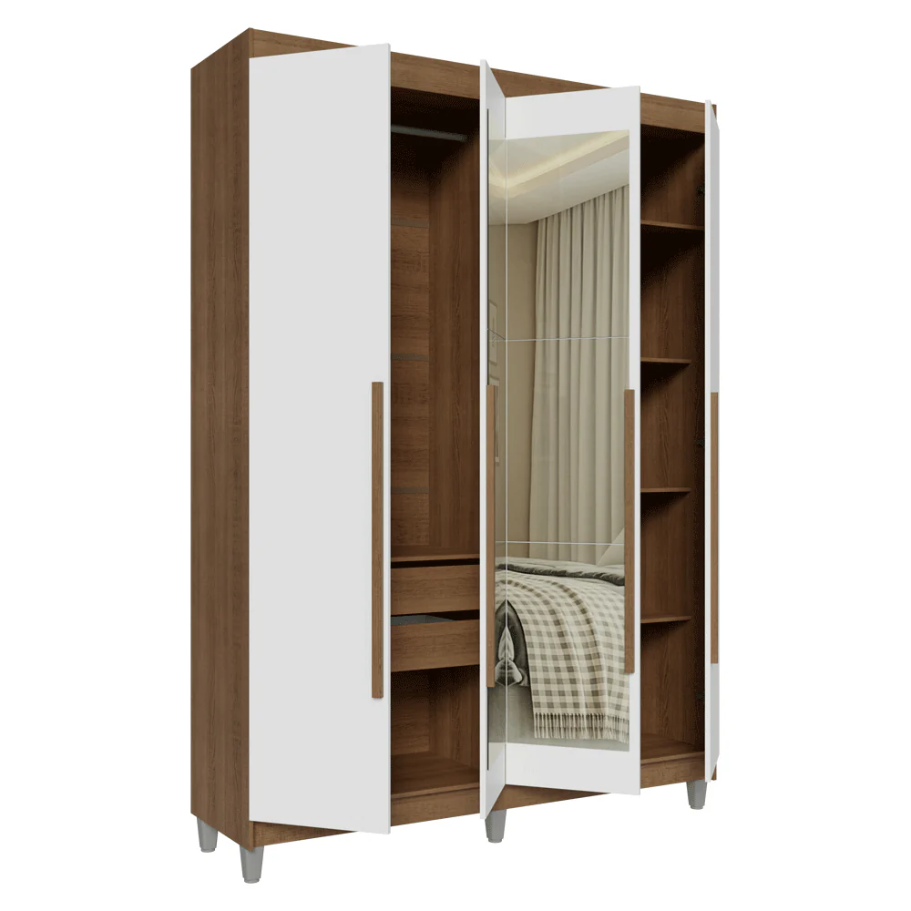 Guarda-Roupa Solteiro com Pés 4 Portas Batentes com Espelho Rustic/Branco/Rustic Venus Madesa - Image 9