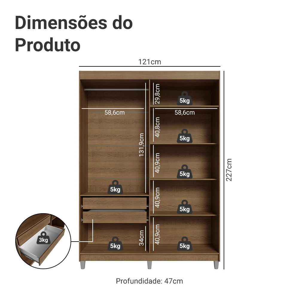 Guarda-Roupa Solteiro com Pés 4 Portas Batentes com Espelho Rustic/Preto/Preto Venus Madesa - Image 3