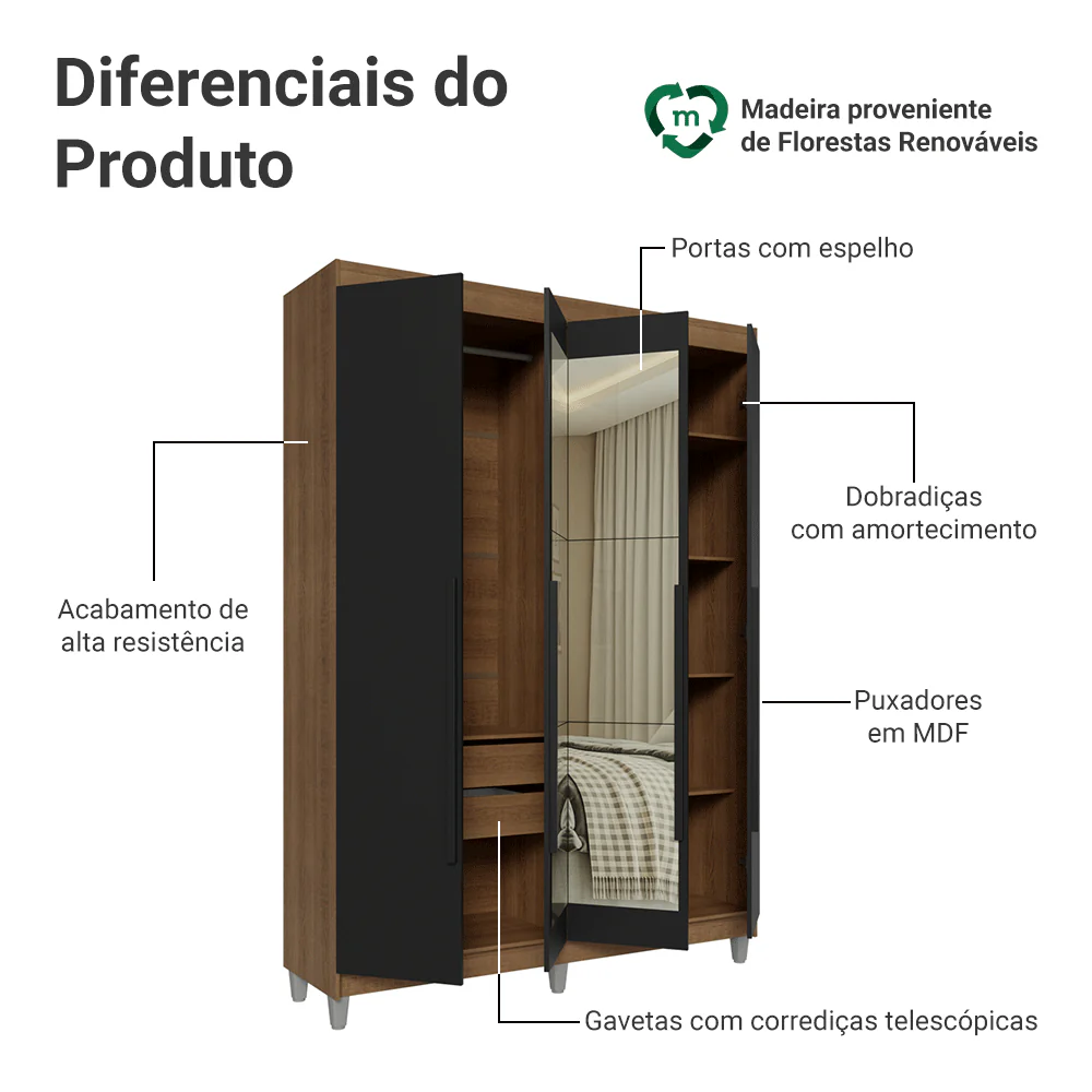 Guarda-Roupa Solteiro com Pés 4 Portas Batentes com Espelho Rustic/Preto/Preto Venus Madesa - Image 4