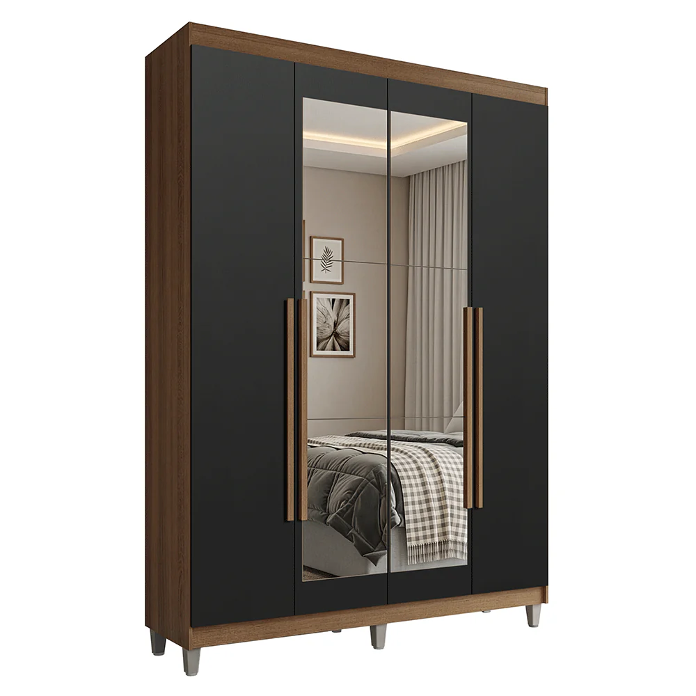 Guarda-Roupa Solteiro com Pés 4 Portas Batentes com Espelho Rustic/Preto/Rustic Venus Madesa - Image 2