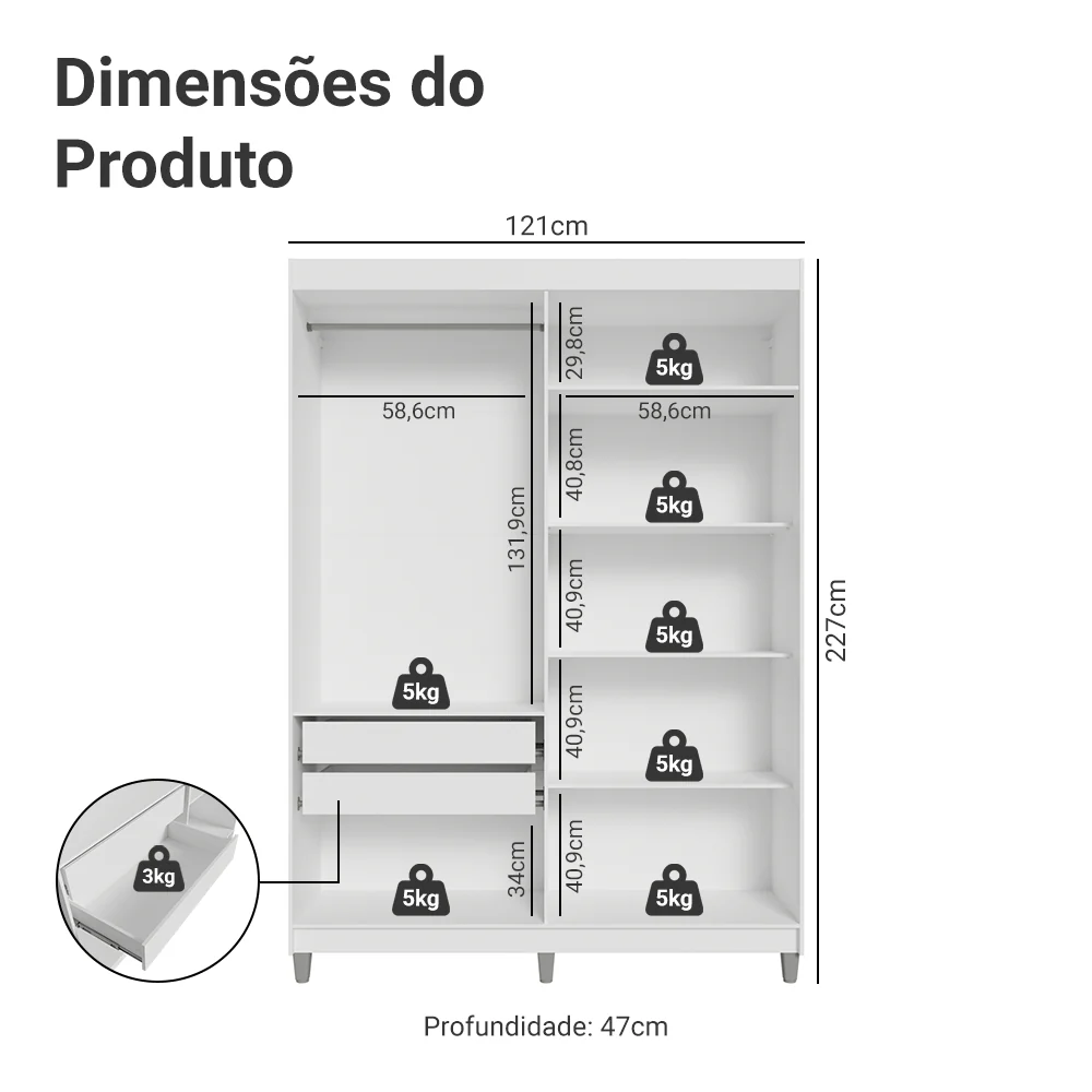 Guarda-Roupa Solteiro com Pés 4 Portas Batentes com Espelhos Branco/Branco/Preto Venus Madesa - Image 3