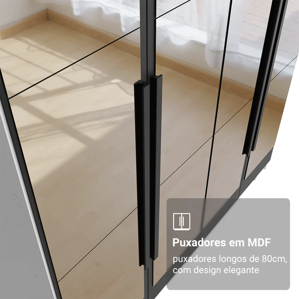 Guarda-Roupa Solteiro com Pés 4 Portas Batentes com Espelhos Branco/Preto/Preto Venus Madesa - Image 6