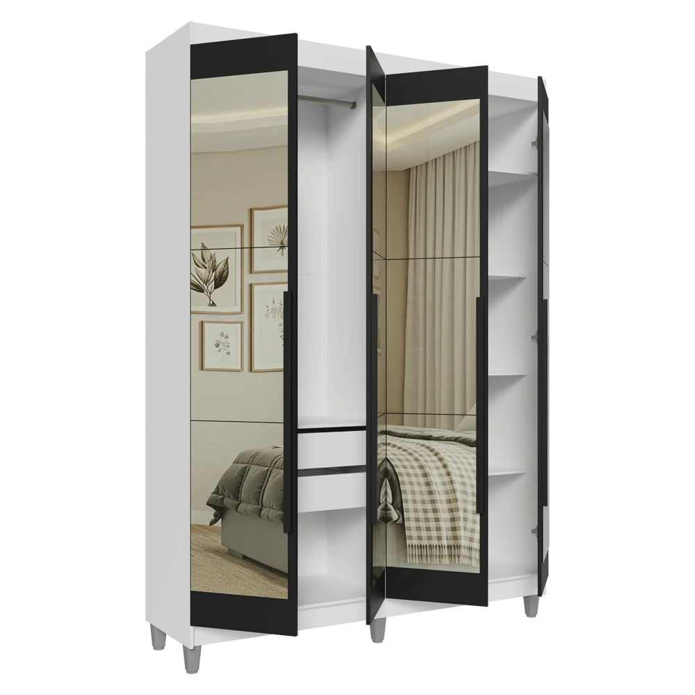 Guarda-Roupa Solteiro com Pés 4 Portas Batentes com Espelhos Branco/Preto/Preto Venus Madesa - Image 9
