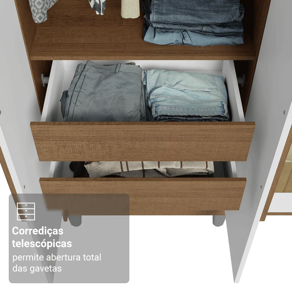 Guarda-Roupa Solteiro com Pés 4 Portas Batentes com Espelhos Rustic/Branco/Rustic Venus Madesa - Image 7