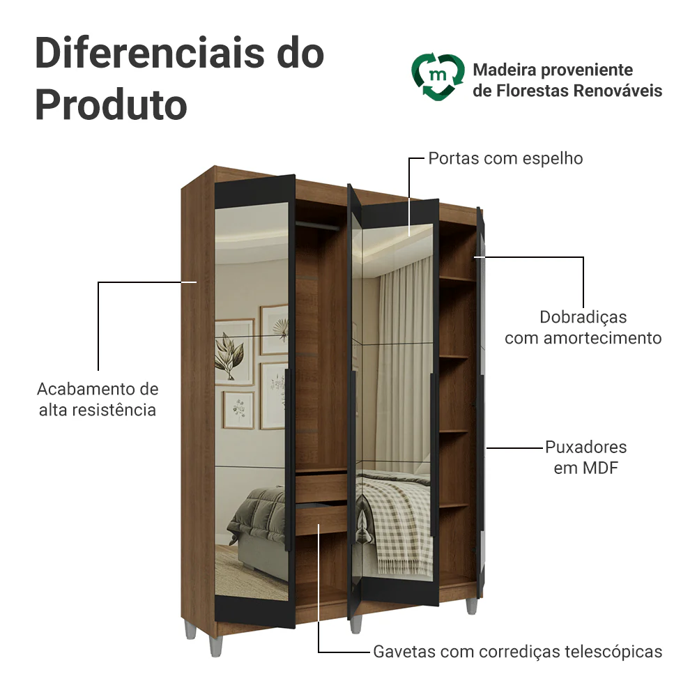Guarda-Roupa Solteiro com Pés 4 Portas Batentes com Espelhos Rustic/Preto/Preto Venus Madesa - Image 4