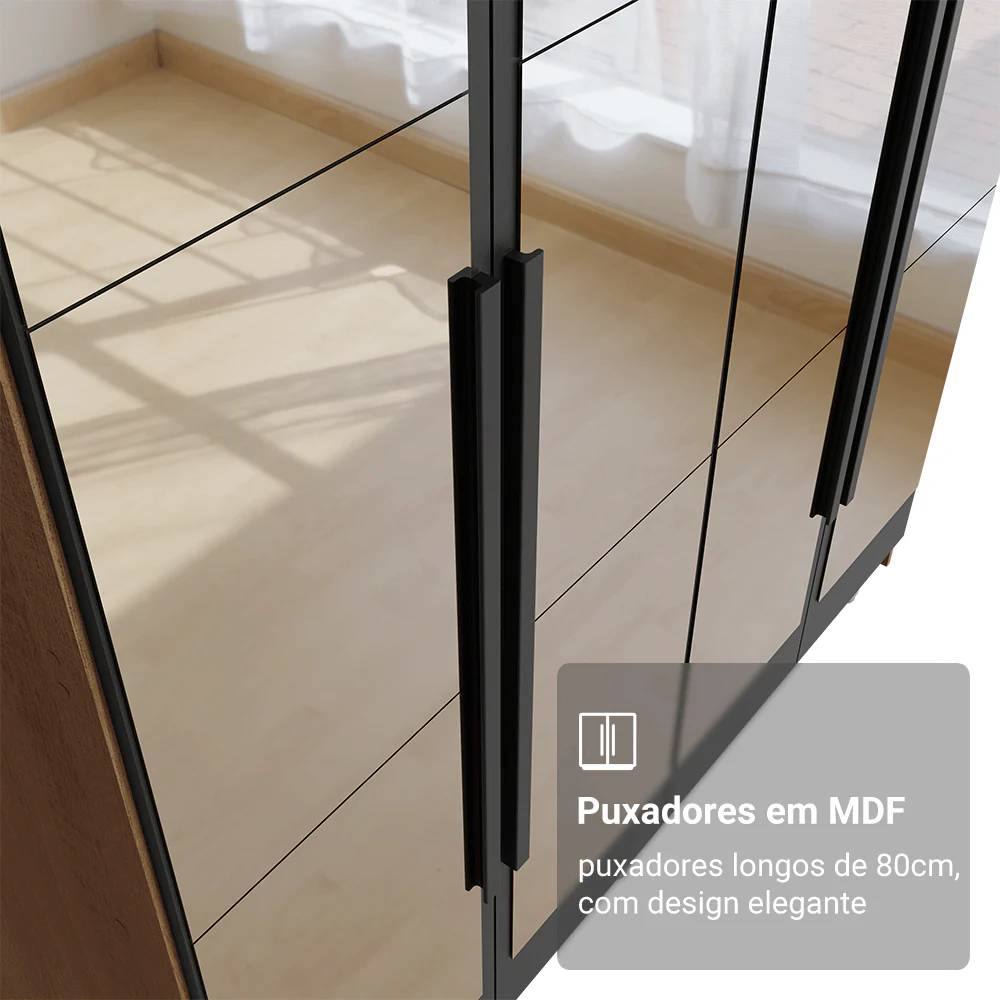 Guarda-Roupa Solteiro com Pés 4 Portas Batentes com Espelhos Rustic/Preto/Preto Venus Madesa - Image 6