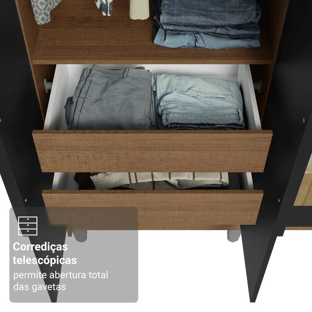 Guarda-Roupa Solteiro com Pés 4 Portas Batentes com Espelhos Rustic/Preto/Preto Venus Madesa - Image 7