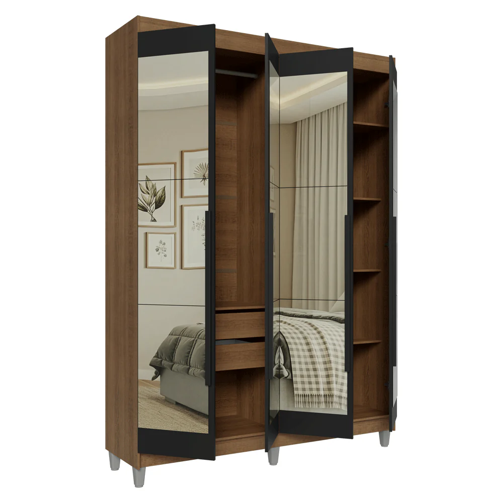 Guarda-Roupa Solteiro com Pés 4 Portas Batentes com Espelhos Rustic/Preto/Preto Venus Madesa - Image 9