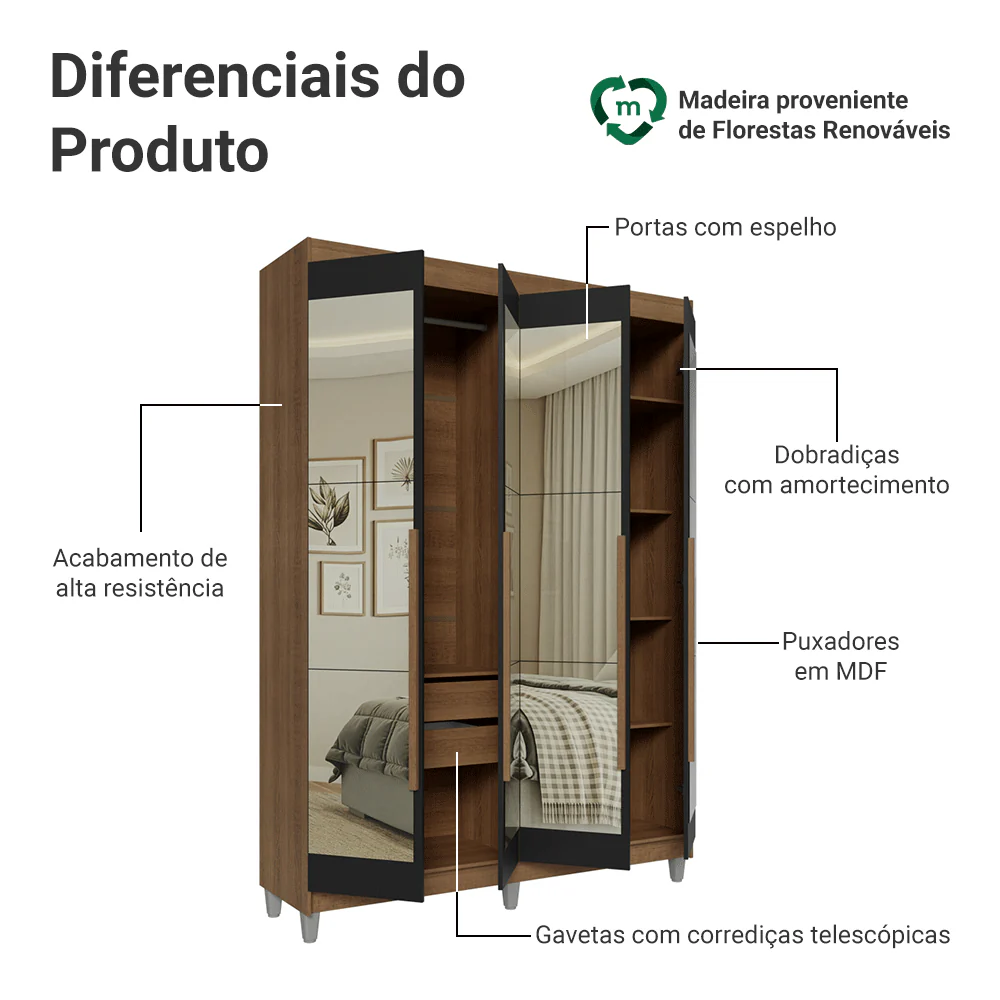 Guarda-Roupa Solteiro com Pés 4 Portas Batentes com Espelhos Rustic/Preto/Rustic Venus Madesa - Image 4