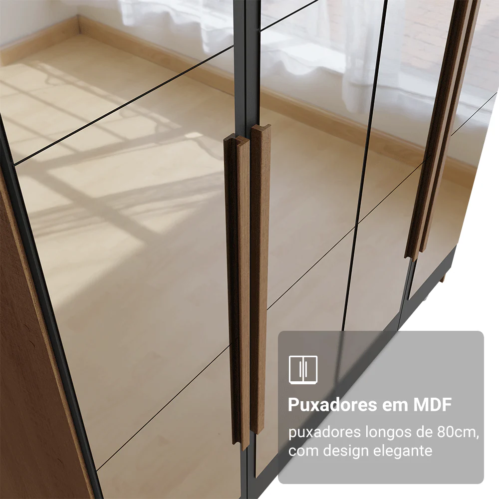 Guarda-Roupa Solteiro com Pés 4 Portas Batentes com Espelhos Rustic/Preto/Rustic Venus Madesa - Image 6