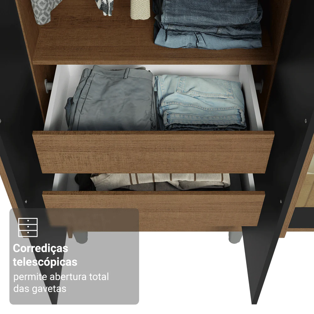 Guarda-Roupa Solteiro com Pés 4 Portas Batentes com Espelhos Rustic/Preto/Rustic Venus Madesa - Image 7