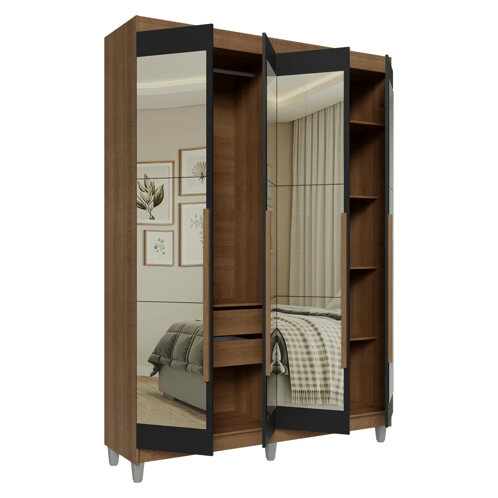 Guarda-Roupa Solteiro com Pés 4 Portas Batentes com Espelhos Rustic/Preto/Rustic Venus Madesa - Image 9