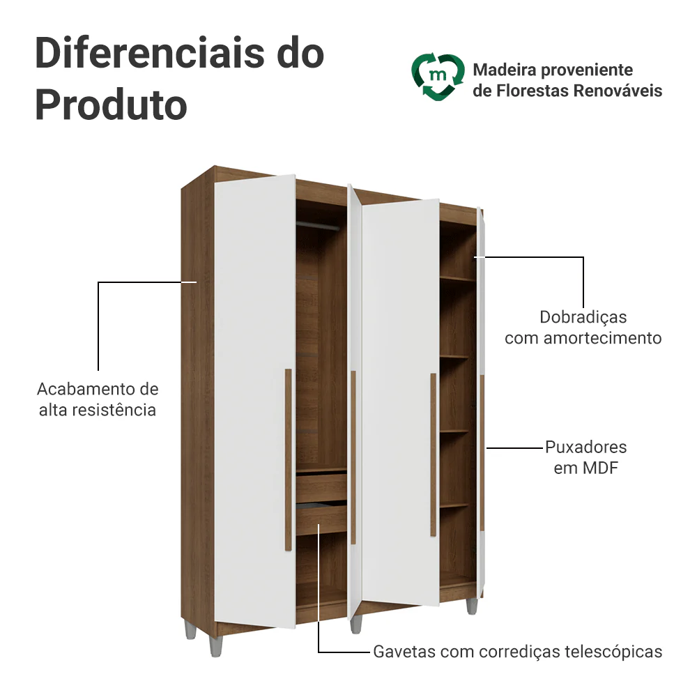 Guarda-Roupa Solteiro com Pés 4 Portas Batentes Rustic/Branco/Rustic Venus Madesa - Image 4