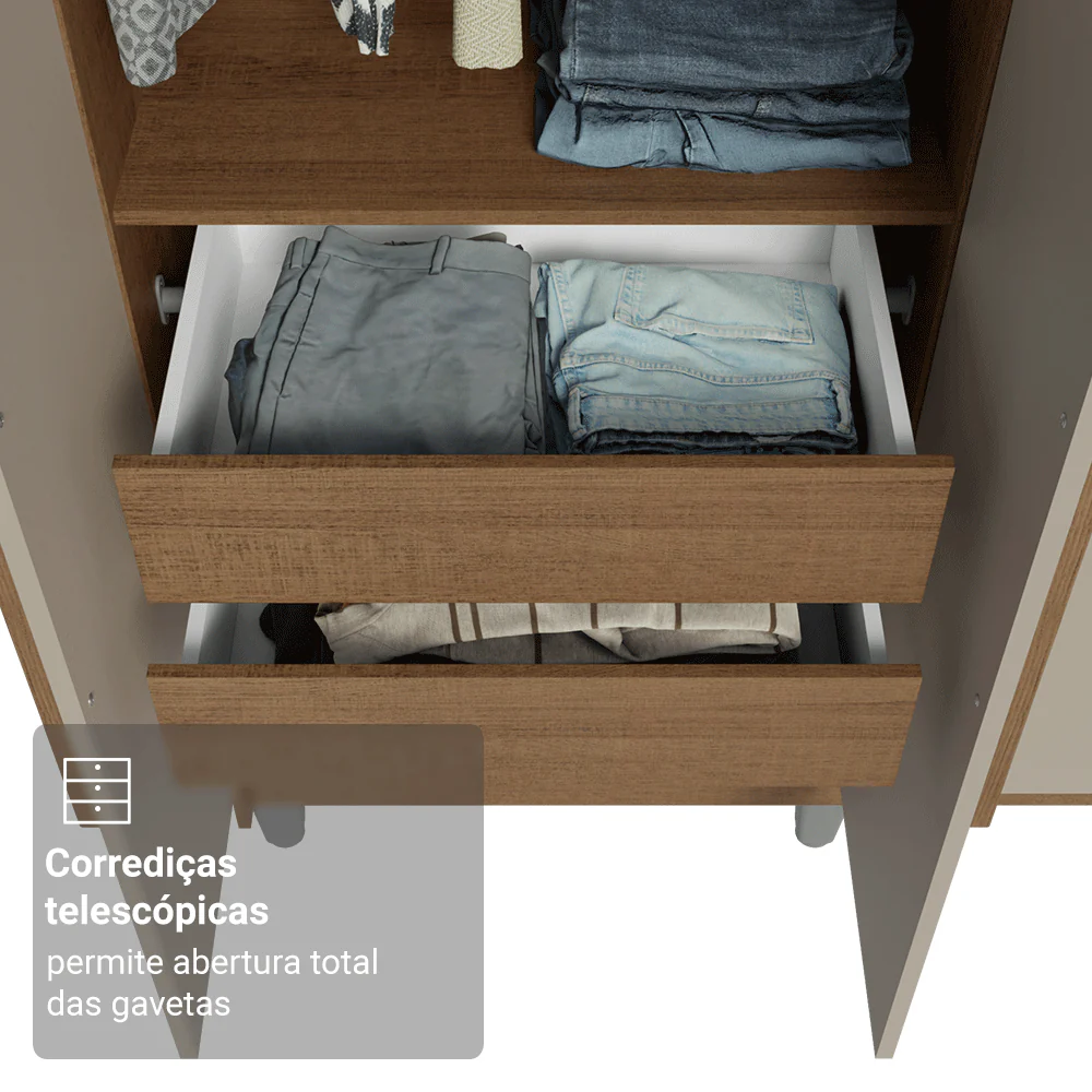 Guarda-Roupa Solteiro com Pés 4 Portas Batentes Rustic/Crema/Rustic Venus Madesa - Image 7