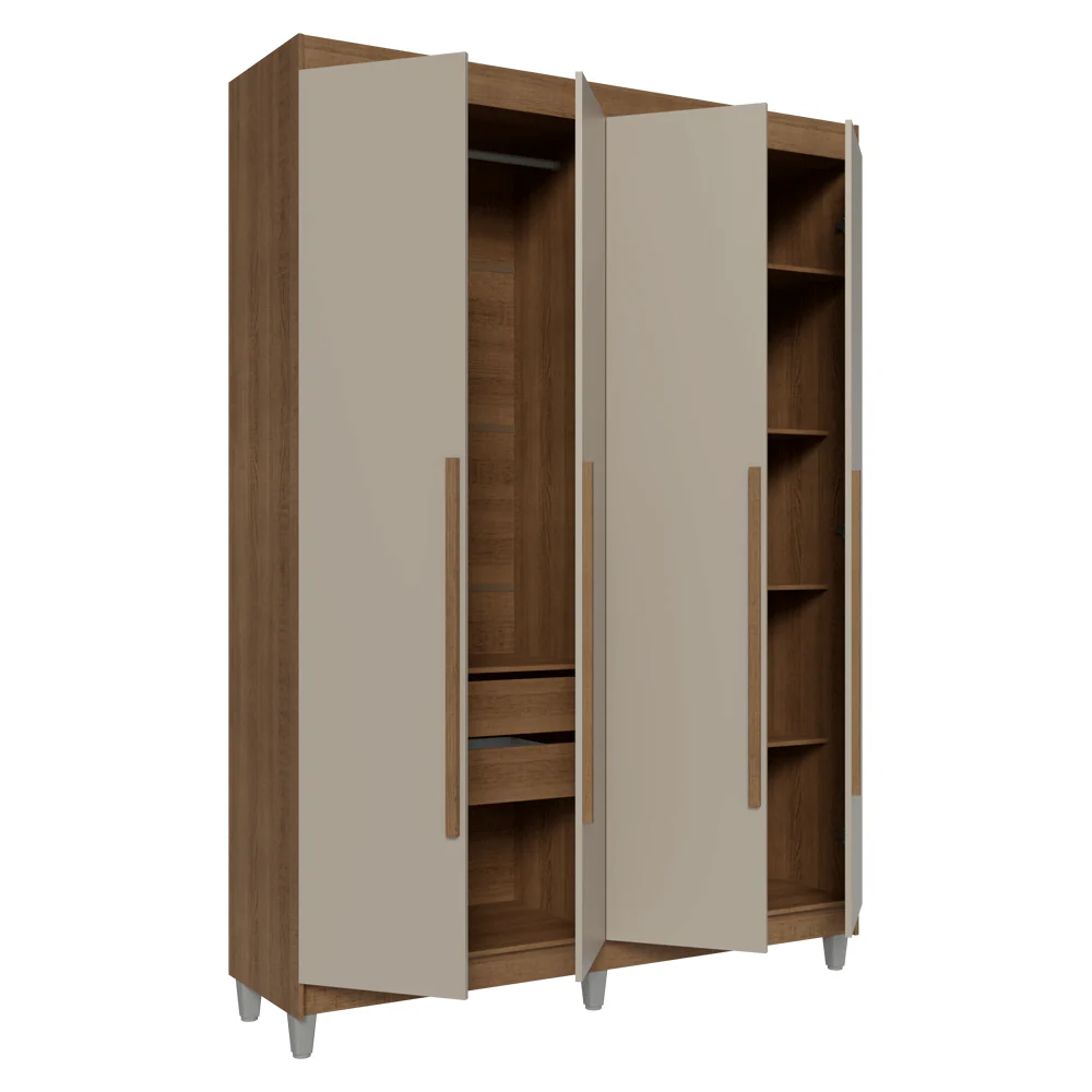Guarda-Roupa Solteiro com Pés 4 Portas Batentes Rustic/Crema/Rustic Venus Madesa - Image 9