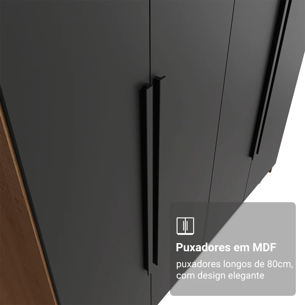 Guarda-Roupa Solteiro com Pés 4 Portas Batentes Rustic/Preto/Preto Venus Madesa - Image 6
