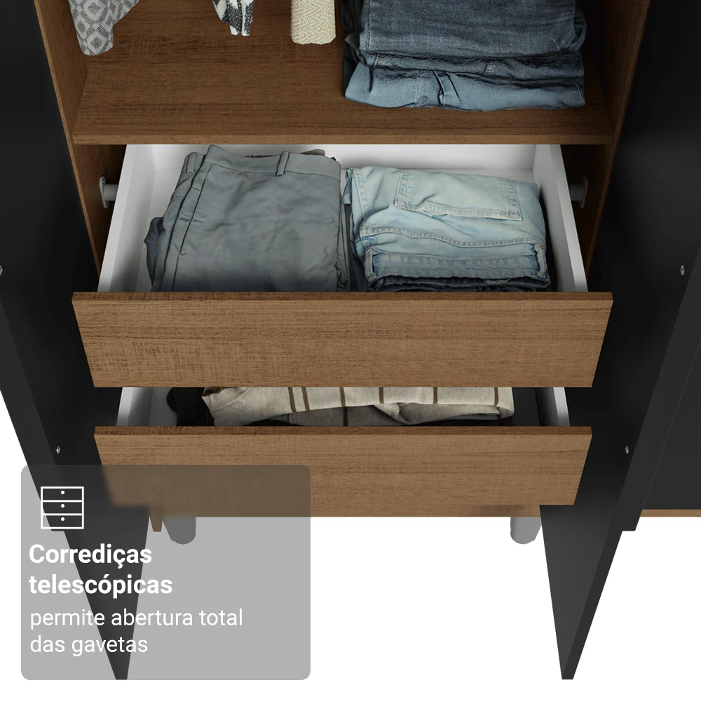 Guarda-Roupa Solteiro com Pés 4 Portas Batentes Rustic/Preto/Preto Venus Madesa - Image 7