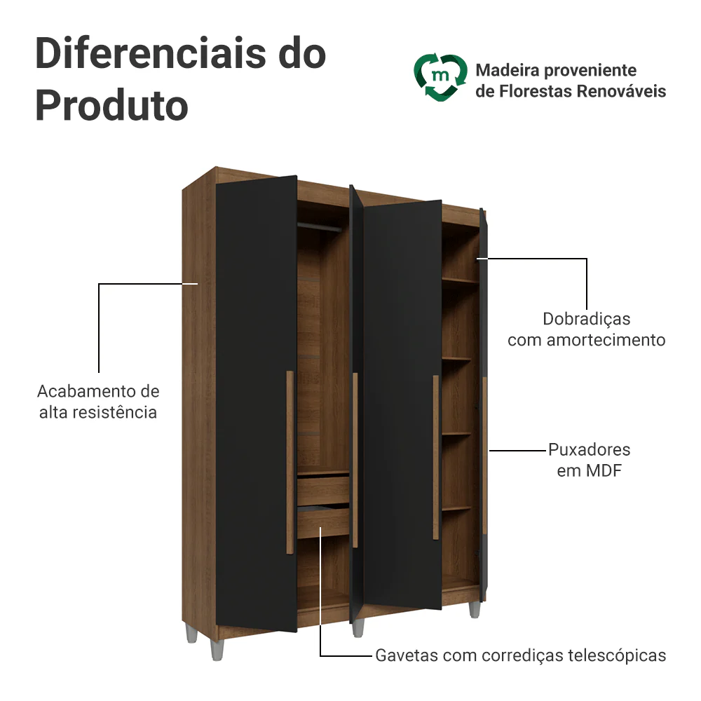 Guarda-Roupa Solteiro com Pés 4 Portas Batentes Rustic/Preto/Rustic Venus Madesa - Image 4