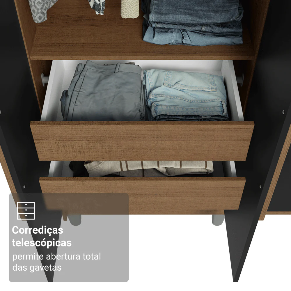 Guarda-Roupa Solteiro com Pés 4 Portas Batentes Rustic/Preto/Rustic Venus Madesa - Image 7